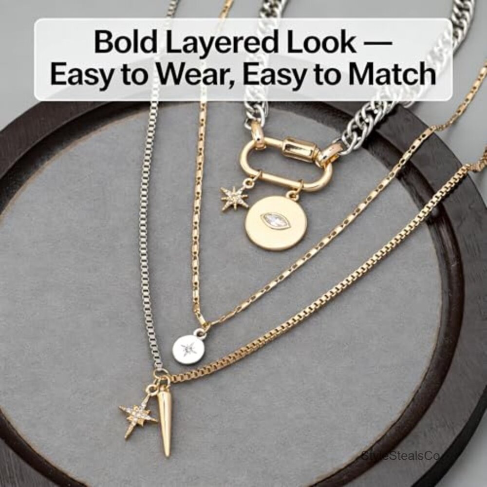 3-Piece Mixed Metal Layered Necklace Set with Evil Eye & Star Charms - Picture 3 of 6
